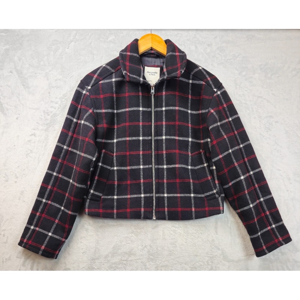 Y2K Abercrombie Fitch Womens Small Black Red White Plaid Wool Blend Jacket Short